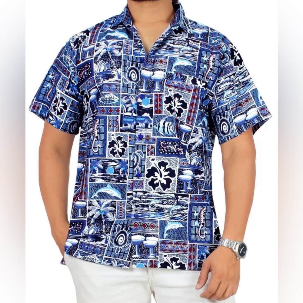 La Leela Mens Hawaiian Button Down Shirt Vacation‎ Tropical 4XL